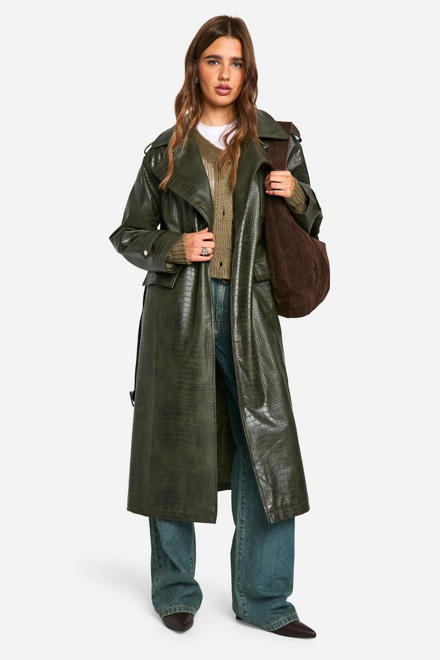 Crocodile Faux Leather Trench Coat | boohoo USA Crocodile Faux Leather Trench Coat | boohoo USA